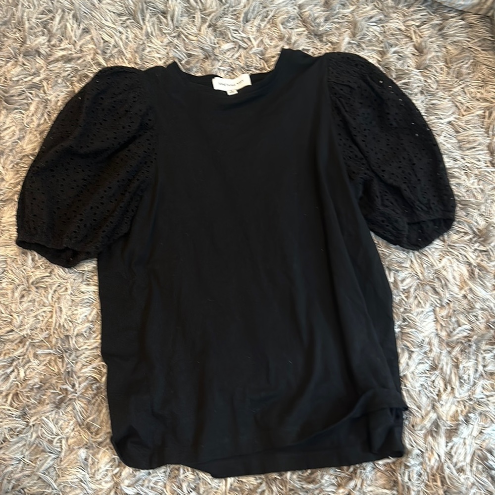 Something navy black eyelet puff sleeve cotton shirt